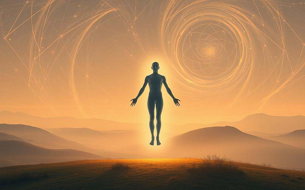 A tranquil, ethereal landscape with a human figure at the center, undergoing a profound transformation. The figure appears to be levitating, their body emanating a soft, iridescent glow, as if merging with the surrounding energy. In the background, a tapestry of swirling, prismatic light forms intricate patterns, hinting at the interplay of consciousness and the cosmic order. The scene is illuminated by a warm, diffused light, creating a sense of serenity and introspection. The composition is balanced, with the figure occupying the foreground, and the mesmerizing background elements drawing the viewer's gaze inward. An atmosphere of transcendence and self-discovery permeates the entire scene.