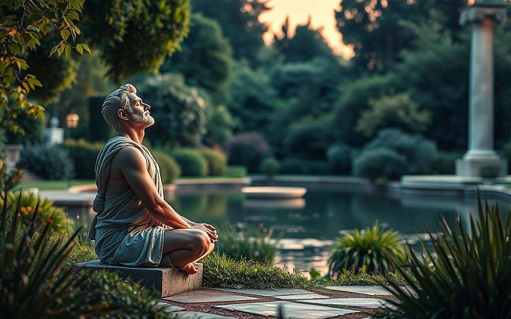 A tranquil garden scene, illuminated by soft, warm lighting. In the foreground, a stoic figure in classical Greco-Roman attire sits cross-legged, eyes closed in deep contemplation. The middle ground features a serene pond, its surface mirroring the surrounding lush vegetation. In the background, a towering marble column stands as a symbol of the enduring wisdom of Stoic philosophy. The overall atmosphere evokes a sense of inner peace, balance, and the harmony between the physical and the spiritual realms.