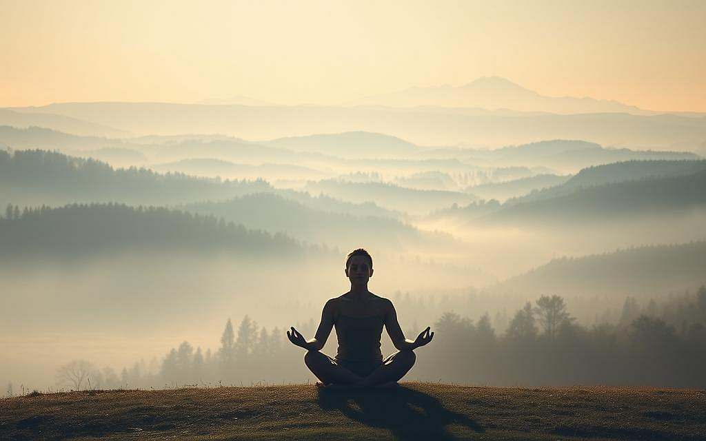A tranquil landscape bathed in soft, ethereal light. In the foreground, a serene figure sits in a meditative pose, eyes closed, their form radiating a sense of inner calm and spiritual connection. The background gently unfolds, revealing a dreamlike expanse of rolling hills, forests, and a distant, snow-capped mountain range. The entire scene conveys a sense of introspection, the dissolution of the individual self, and the merging of the physical and the metaphysical. The lighting is subtle and diffused, creating a hazy, contemplative atmosphere. The camera angle is slightly elevated, allowing the viewer to gaze upon the scene with a sense of detachment and transcendence.