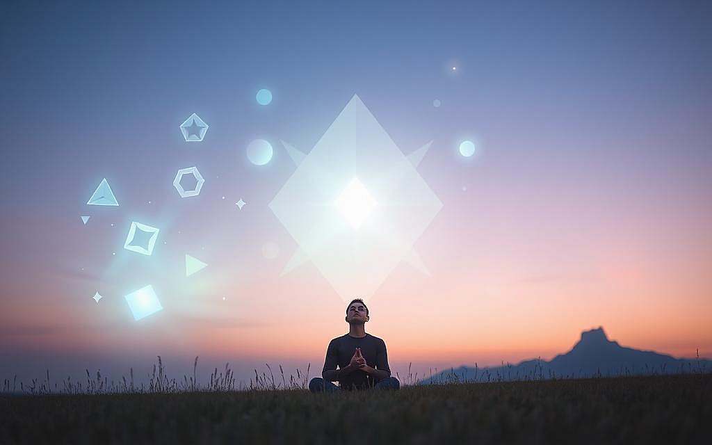 A tranquil meadow under a serene twilight sky. In the foreground, a person sits cross-legged, eyes closed, hands resting palms-up on their lap, exuding a sense of profound inner peace. The middle ground features floating geometric shapes and ethereal energy fields in shades of pastel blues, greens, and purples, representing the shedding of limiting spiritual perspectives. In the distance, a lone mountain peak stands tall, symbolizing the journey towards higher consciousness. Soft, diffused lighting bathes the entire scene, creating a meditative, introspective atmosphere.