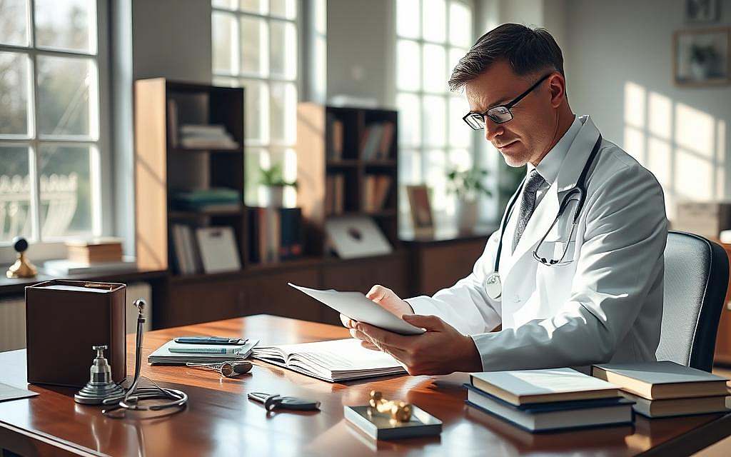 A tranquil medical office, sunlight streaming through large windows, illuminating a polished wooden desk where a doctor, dressed in a crisp white coat, contemplates a patient's file with a thoughtful expression. Intricately detailed medical instruments and reference books arranged with care suggest the physician's dedication to their craft. The room's atmosphere exudes an air of expertise and compassion, reflecting the art of sound medical judgment. A sense of quiet focus pervades the scene, inviting the viewer to appreciate the nuances of true diagnostic mastery.