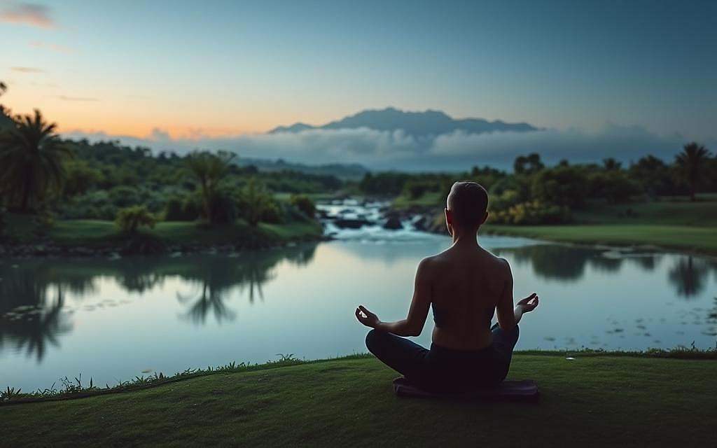 A tranquil meditation garden, with a serene pond reflecting the sky. In the foreground, a solitary figure sits cross-legged, eyes closed, their face illuminated by soft, ambient lighting. The middle ground features a gently flowing stream, surrounded by lush, verdant vegetation. In the background, a distant mountain range shrouded in mist, conveying a sense of timelessness and interconnectedness. The overall atmosphere is one of introspection, stillness, and the journey inward towards self-discovery.