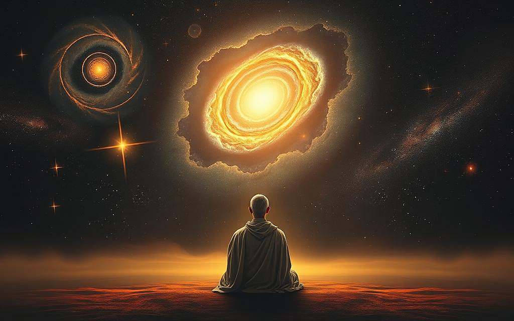 A tranquil, meditative scene set within the cosmos, capturing the essence of Stoic philosophy. In the foreground, a serene figure sits in contemplation, their robes billowing gently as they find inner peace amidst the vastness of the universe. The middle ground features swirling celestial patterns, nebulae, and distant galaxies, symbolizing the interconnectedness of all things. The background is a deep, velvety blackness, punctuated by twinkling stars that cast a soft, ambient glow. The lighting is warm and diffused, creating a sense of calm and introspection. The overall composition conveys a sense of balance, harmony, and the pursuit of wisdom through the Stoic principles of virtue, reason, and acceptance of the natural order.