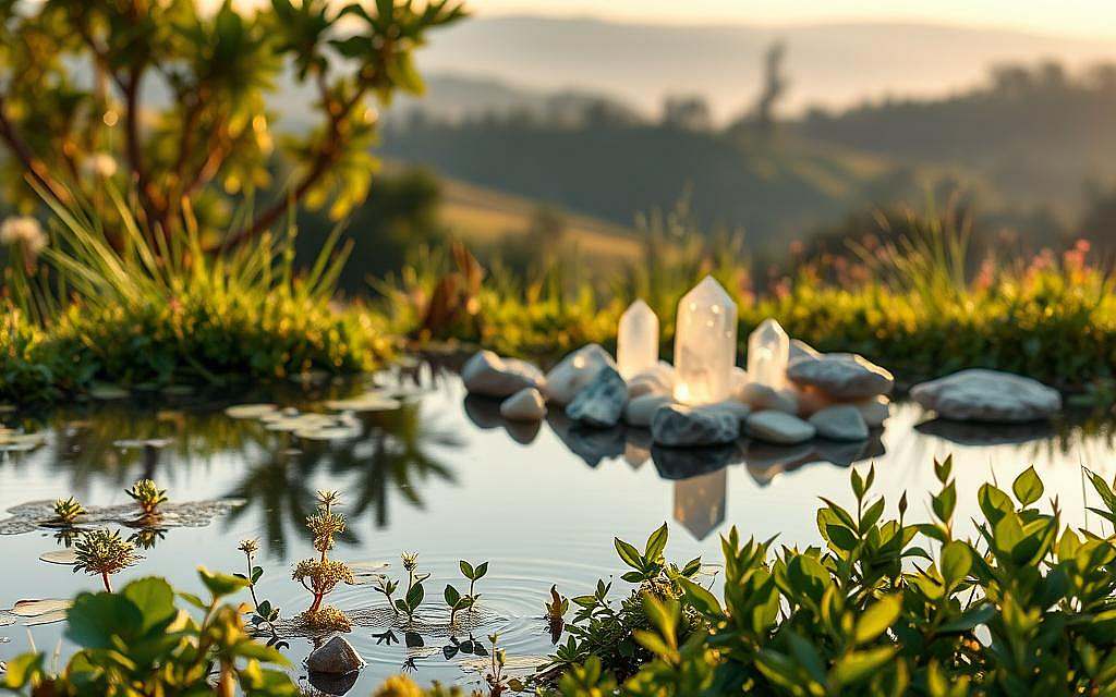 A tranquil, nature-inspired scene depicting various complementary medicine approaches to support bone health. In the foreground, a serene pond surrounded by lush greenery, with clusters of natural herbs and medicinal plants growing along the edges. In the middle ground, a zen-like arrangement of crystals, minerals, and therapeutic stones, emanating a soft, ambient glow. In the background, a panoramic view of rolling hills and a distant, hazy forest, conveying a sense of holistic balance and harmony. The lighting is warm and diffused, creating a calming, therapeutic atmosphere. The overall composition suggests a holistic, integrative approach to maintaining strong, healthy bones.