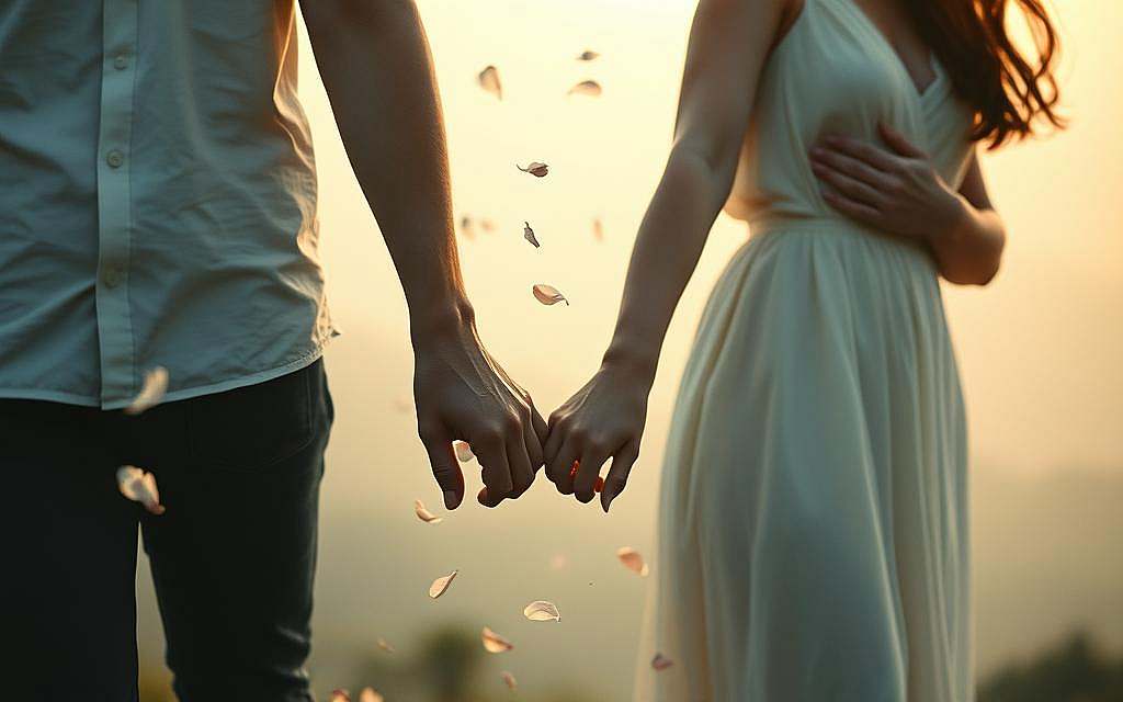 A tranquil scene of a couple holding hands, one letting go while the other clings tightly. The foreground depicts their contrasting expressions - one serene and open, the other anxious and grasping. In the middle ground, delicate flower petals cascade, symbolizing the fleeting nature of attachment. The background is a soft, dreamlike landscape, hazy and atmospheric, evoking a sense of emotional weight and introspection. Gentle lighting illuminates the figures, creating a pensive, contemplative mood. A cinematic, 35mm lens perspective adds depth and intimacy to the moment, inviting the viewer to reflect on the dynamics of attachment and release in relationships.