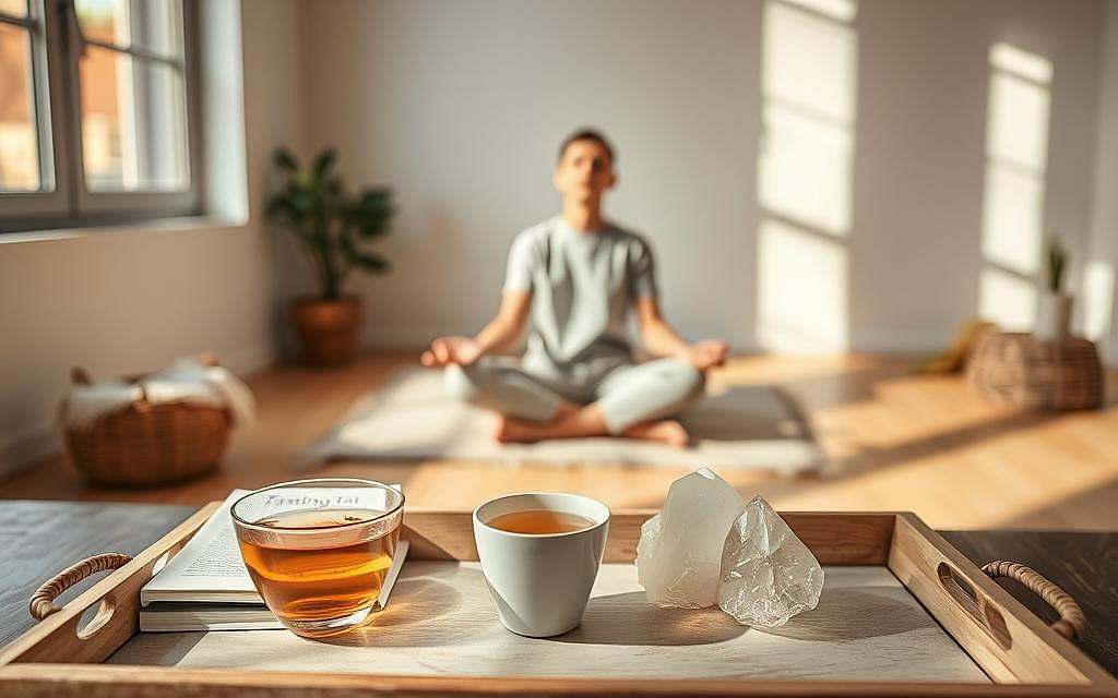 A tranquil scene of a person practicing mindful self-care rituals to support autophagy, the body's natural cellular recycling process. The foreground features a serene, minimalist tableau - a tray with herbal tea, a book on fasting, and a piece of natural quartz crystal. Warm, diffuse lighting filters through large windows, casting gentle shadows. In the middle ground, the person sits cross-legged on a cushion, eyes closed in peaceful meditation. The background reveals a simple, uncluttered living space with clean lines and natural materials, reflecting a lifestyle of balance and wellness. The overall mood is contemplative, restorative, and conducive to the activation of autophagy.