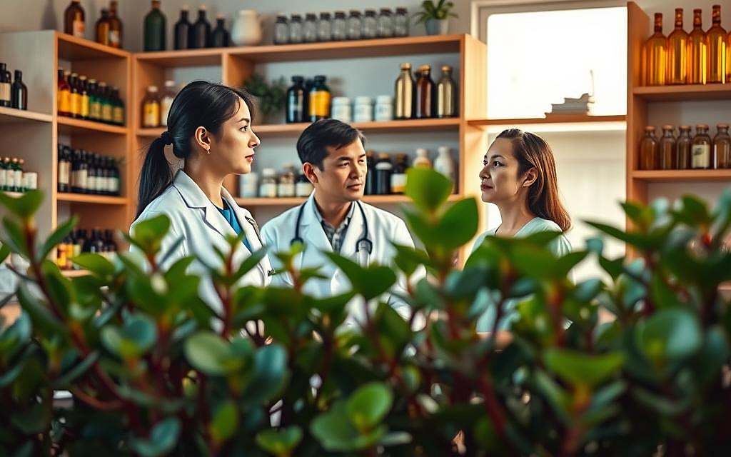 A tranquil scene of a traditional medical practice, showcasing the integration of natural remedies and holistic approaches. In the foreground, an array of vibrant Euphorbia plants, their leaves and stems radiating a verdant energy. In the middle ground, a practitioner in a crisp, white coat examines a patient, their faces serene and introspective. Soft, diffused lighting casts a warm glow, creating an atmosphere of trust and healing. In the background, shelves brimming with jars and bottles, a testament to the rich heritage of natural medicine. The overall composition conveys a harmonious fusion of modern and traditional healthcare, where the power of Euphorbia's 528 elixir is seamlessly integrated into the realm of complementary medicine.