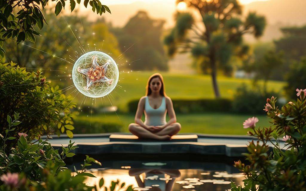 A tranquil scene of autophagy, the cellular self-cleaning process, unfolds in a serene garden setting. In the foreground, a glowing orb of energy symbolizes the vitality and renewal sparked by the fast. Wisps of light dance around it, illuminating lush foliage and a peaceful pond. In the middle ground, a serene figure sits cross-legged, their face reflecting a sense of inner calm and focus. The background features a vibrant, verdant landscape, with towering trees and a hazy, golden sky, conveying a feeling of harmony and healing. Soft, diffused lighting creates a dreamlike atmosphere, inviting the viewer to pause and experience the profound connection between autophagy, fasting, and holistic well-being.