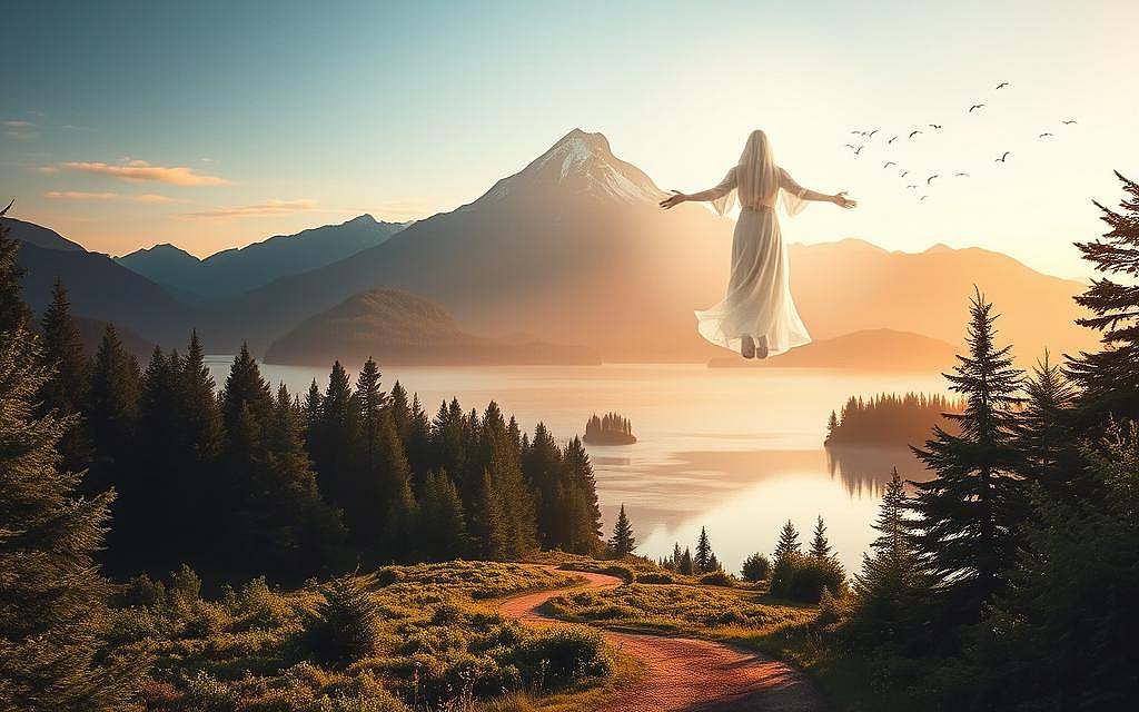 A tranquil, serene landscape with a towering mountain range in the background, its peaks illuminated by a warm, golden light. In the foreground, a lush, verdant forest with a winding path leading towards a peaceful, reflective lake. Floating above the lake, a shimmering, ethereal figure represents the intersection of ethics and spirituality, guiding the viewer towards a deeper understanding of the human experience. The scene is bathed in a soft, diffused lighting, creating a contemplative and introspective atmosphere. Subtle details, such as a flock of birds in the distance or the gentle ripples on the water's surface, add to the overall sense of harmony and balance.