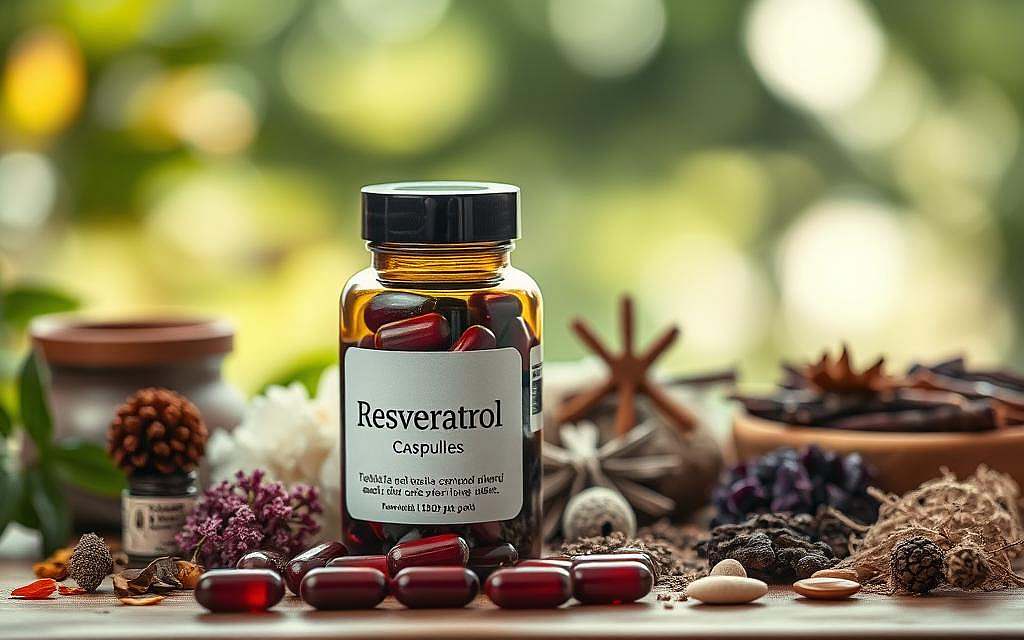 A tranquil, softly-lit scene depicting various natural remedies and herbal supplements associated with complementary medicine, with Resveratrol as the focal point. In the foreground, a glass bottle filled with deep red Resveratrol capsules stands prominently, its label and contents clearly visible. Surrounding it are several other natural ingredients commonly used in holistic practices, such as dried flowers, leaves, and other plant-based extracts, arranged in a visually appealing and harmonious composition. The background features a blurred, out-of-focus natural setting, perhaps a lush garden or forest, evoking a sense of calm and connection with the natural world. The lighting is soft and diffused, creating a warm, inviting atmosphere that highlights the natural tones and textures of the various elements.