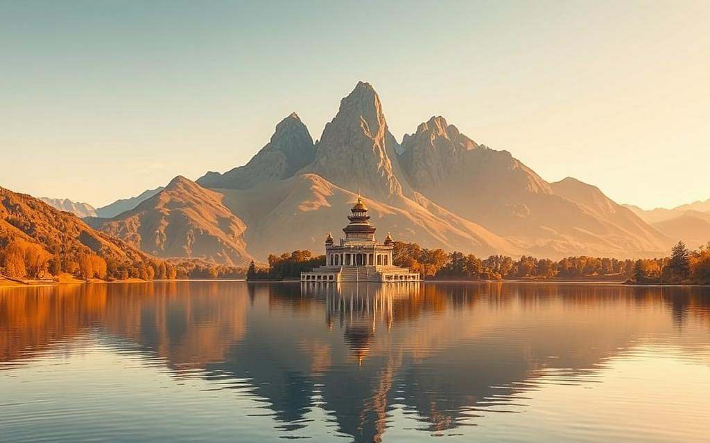 A tranquil, symmetrical landscape bathed in warm, golden light. In the foreground, a serene lake reflects the image of a towering, three-peaked mountain range, its rugged slopes adorned with lush vegetation. The middle ground features a temple or shrine, its architecture characterized by clean lines and a tripartite design, symbolizing the principle of triplicity. The background is a vast, cloudless sky, evoking a sense of harmony and cosmic order. The scene radiates an aura of completeness, balance, and spiritual enlightenment, capturing the essence of the number three and its association with perfection, trinity, and the divine.