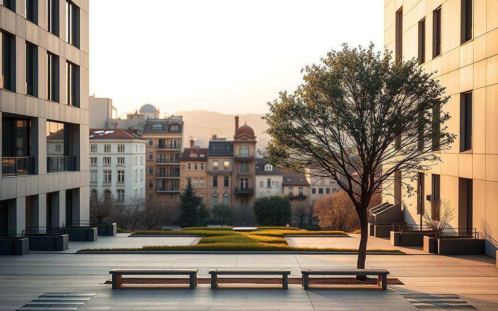 A tranquil urban landscape, where the interplay of geometric architecture and organic elements creates a harmonious balance. In the foreground, a serene courtyard with minimalist benches and a carefully pruned tree, inviting contemplation. The middle ground features a mix of modern and historic buildings, their clean lines and muted tones suggesting a sense of order. In the background, a softly blurred horizon, hinting at the vast expanse beyond, symbolizing the tension between structure and freedom. Warm, diffused lighting casts a golden glow, evoking a timeless, contemplative atmosphere. The overall composition conveys a delicate equilibrium, where rigid forms and open spaces coexist in a state of peaceful coexistence.
