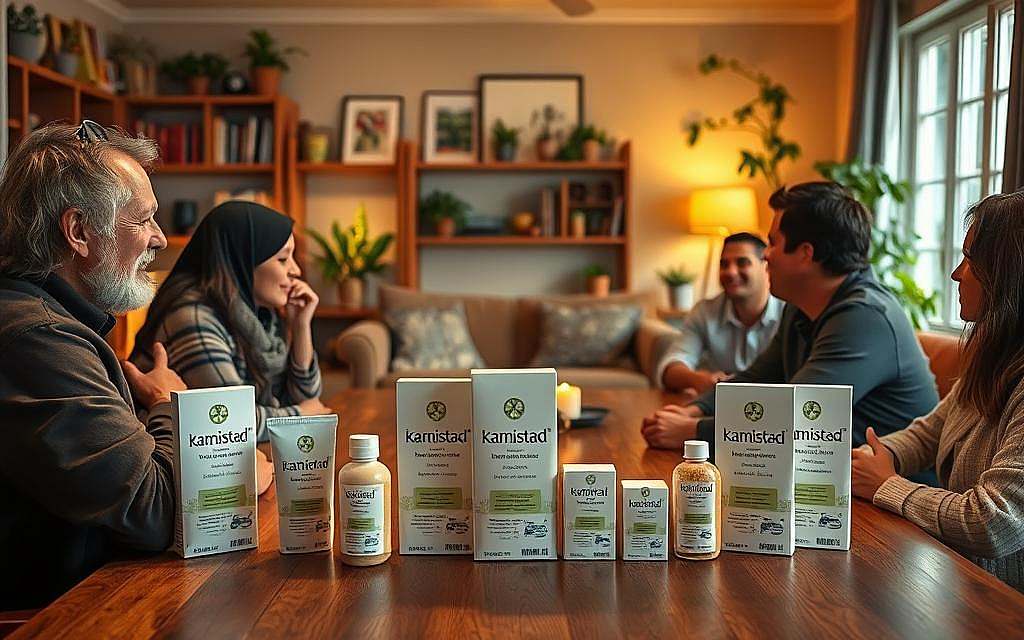 A tranquil, warm-lit interior scene showcasing a group of people discussing their experiences with Kamistad, a natural dental care product. In the foreground, several individuals sit around a wooden table, engaged in conversation and sharing personal testimonials. The middle ground features a display of Kamistad products, their packaging and labeling prominently visible. The background depicts a cozy, well-appointed room with bookshelves, plants, and soft lighting, creating a comfortable, homely atmosphere. The overall mood is one of openness, trust, and genuine enthusiasm for the product. The image should convey a sense of authenticity and a relatable, down-to-earth vibe.