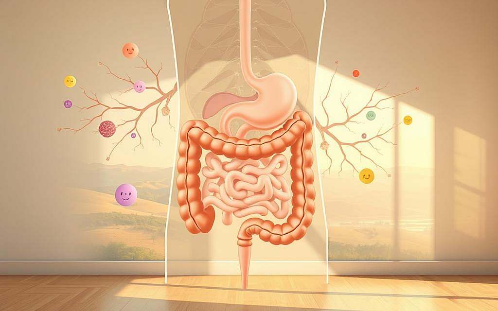 A tranquil, well-lit interior scene depicting the human digestive system in harmonious balance. The foreground showcases a healthy, vibrant colon surrounded by an array of beneficial gut flora, represented by whimsical, abstract shapes in soothing pastel hues. The middle ground features an intricate network of neural pathways and vascular structures, symbolizing the intricate communication between the gut and the rest of the body. In the background, a serene landscape of rolling hills and a calming sky, conveying the overall sense of holistic wellness and inner peace. The lighting is soft and natural, creating a sense of warmth and contentment. The composition is balanced and visually pleasing, inviting the viewer to contemplate the importance of a healthy digestive system.