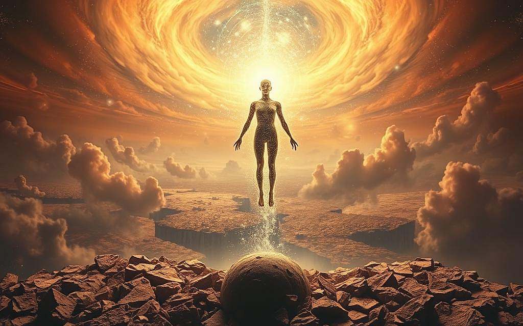 A vast, cosmic expanse unfolds, where the duality of spirit and matter converges. In the foreground, a ethereal human form, its essence shimmering with an otherworldly glow, hovers amidst swirling energy fields. Beneath, a shattered landscape reveals the interplay of tangible and intangible, the physical realm giving way to the metaphysical. The background is a kaleidoscope of parallel dimensions, their boundaries blurred, suggesting the interconnectedness of realities. Warm, muted tones bathe the scene, evoking a sense of contemplation and the mysteries of the self. Dramatic lighting casts dramatic shadows, heightening the tension between the seen and unseen. A wide-angle lens captures the grand, expansive nature of this metaphysical exploration.