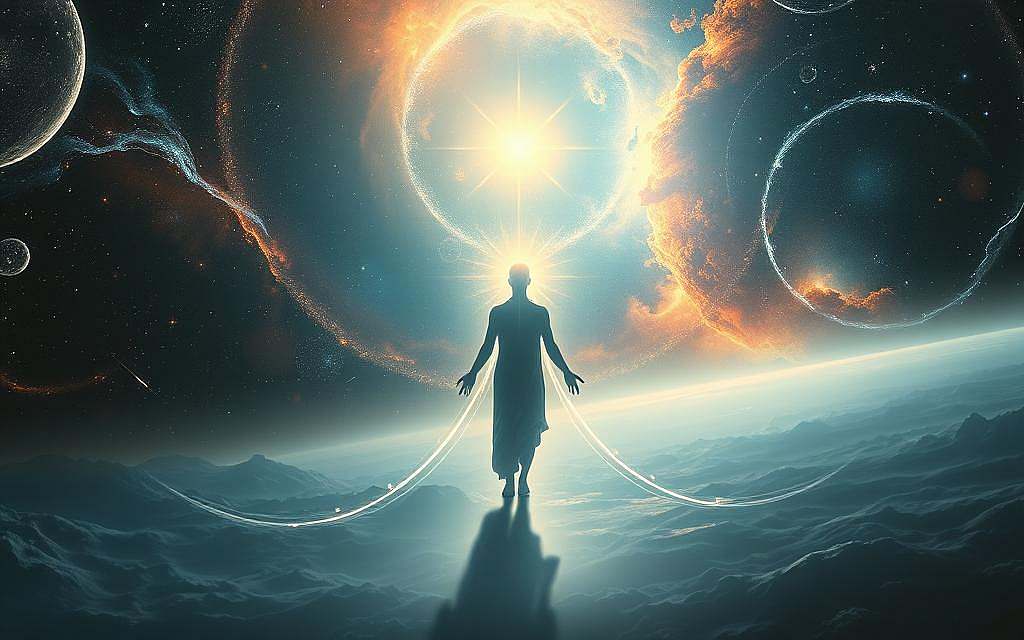 A vast cosmic landscape, illuminated by a transcendent glow that radiates from the very fabric of the universe. In the foreground, a majestic, ethereal figure emerges, its form a harmonious blend of light and shadow, representing the essence of consciousness as a fundamental, interconnected force that permeates all existence. The middle ground is a swirling vortex of energy, cosmic particles, and celestial bodies, hinting at the intricate dance of quantum phenomena that underpins the nature of reality. The background is a breathtaking panorama of distant galaxies, nebulae, and black holes, suggesting the boundless scale and interconnectedness of the cosmos, in which consciousness is not merely a byproduct, but a integral, guiding principle.