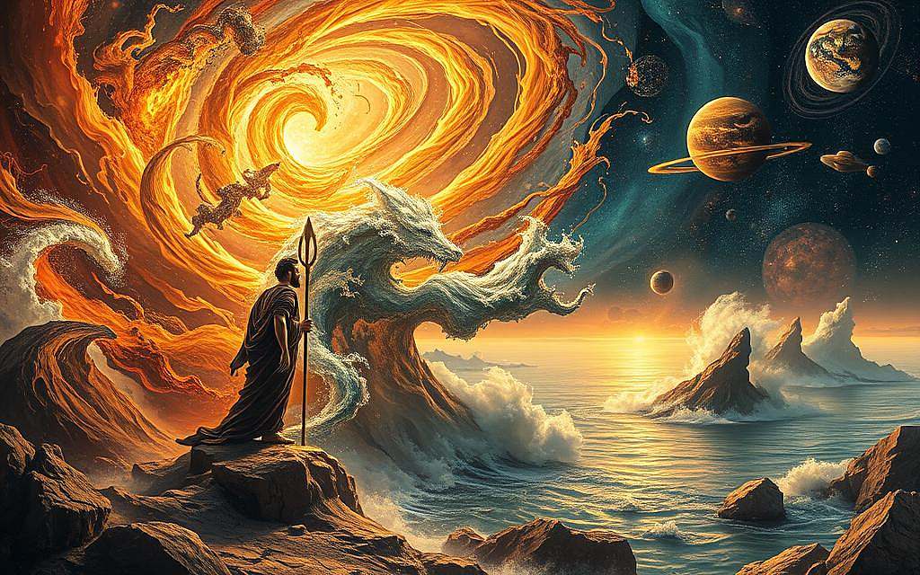 A vast cosmic landscape of swirling energy and transformation. In the foreground, a powerful figure representing Heraklitus stands amidst a whirlwind of dynamic forms, symbolizing the eternal flux of reality. Diverse elements - fire, water, earth, and air - intertwine and morph, reflecting the philosopher's vision of the world as a constant state of Becoming. The middle ground features a tranquil river, its surface rippling with the passage of time. In the distant background, celestial bodies and nebulae dance, echoing the cyclical nature of life and death. Warm, golden lighting illuminates the scene, conveying a sense of profound change and metaphysical insight. The overall composition evokes a profound meditation on the nature of existence and the impermanence that governs all things.