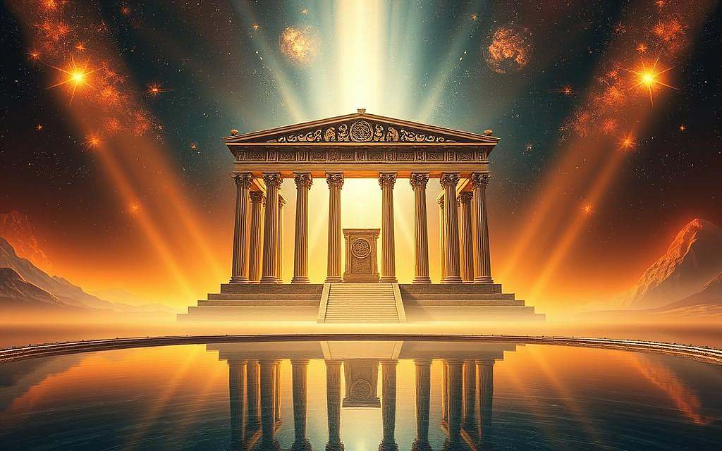 A vast, cosmic landscape unfolds, bathed in a warm, ethereal glow. In the center, a grand, celestial temple stands, its twelve towering columns representing the completeness and harmony of the universe. Intricate patterns and symbols adorn the structure, hinting at ancient esoteric knowledge. In the foreground, a tranquil pool reflects the temple, its still waters mirroring the symmetry and balance of the divine design. Shafts of light pierce the sky, illuminating the scene with an air of sacred mystery. The overall mood is one of reverence, inviting the viewer to contemplate the profound significance of the number twelve in the realms of cosmology, spirituality, and the hidden mysteries of the ages.