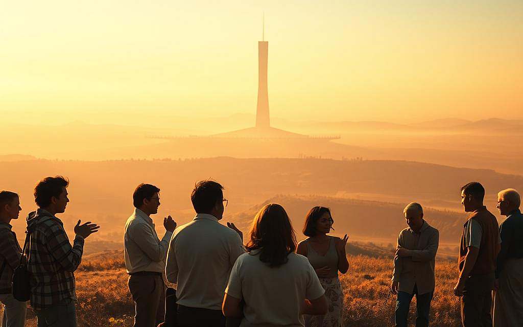 A vast, ethereal landscape, bathed in a warm, golden light. In the foreground, a group of people engage in animated discussion, their gestures and expressions conveying a sense of inquiry and thoughtful contemplation. The middle ground features a blend of natural and architectural elements, suggesting the intersection of theory and practice. In the background, a towering, abstract structure rises, its form evoking a sense of the universal and the philosophical. The overall mood is one of tranquil reflection, inviting the viewer to ponder the nature of truth, experience, and the human condition.