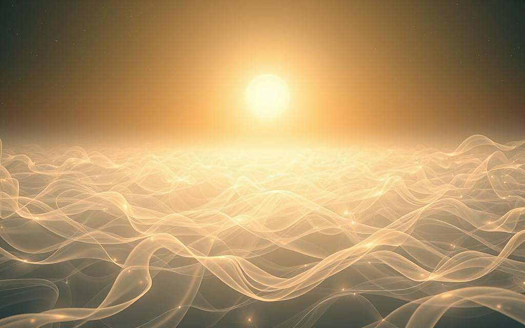 A vast, ethereal landscape of flowing, translucent strands of energy, pulsating with an otherworldly luminescence. The strands intertwine, forming a mesmerizing, kaleidoscopic pattern that seems to transcend the physical realm. In the distance, a celestial aura radiates, casting a soft, warm glow that permeates the scene. The atmosphere is one of profound tranquility and boundless, universal love, inviting the viewer to experience a profound sense of connection with the divine. Soft, diffuse lighting illuminates the intricate details, creating a sense of depth and dimension. The camera captures this sublime, transcendent vision from a slightly elevated angle, allowing the viewer to fully immerse themselves in the scene.