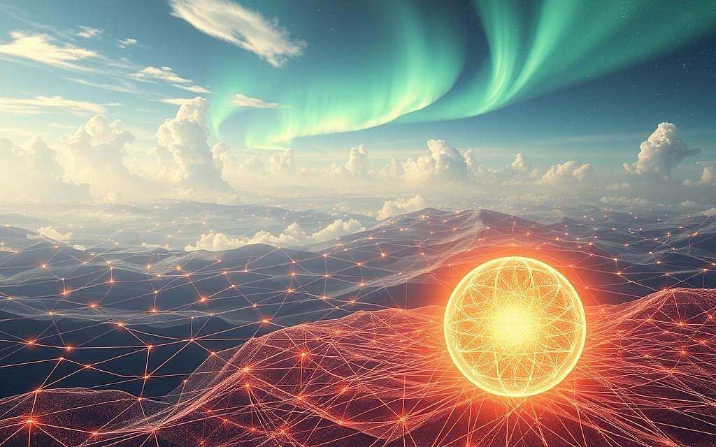 A vast quantum landscape unfolds, vibrating with the symphony of frequencies. In the foreground, a luminous sphere pulsates with an ethereal glow, its energy radiating outward in mesmerizing waves. The middle ground is a tapestry of intersecting lines and geometric shapes, representing the intricate dance of particles and the underlying structures of the universe. In the background, a ethereal and dreamlike atmosphere prevails, with wispy clouds and shimmering auroras dancing across the sky, hinting at the infinite mysteries of the cosmos and the deep connections between the physical and the spiritual realms. The scene evokes a sense of wonder, balance, and the profound interplay between the tangible and the unseen.