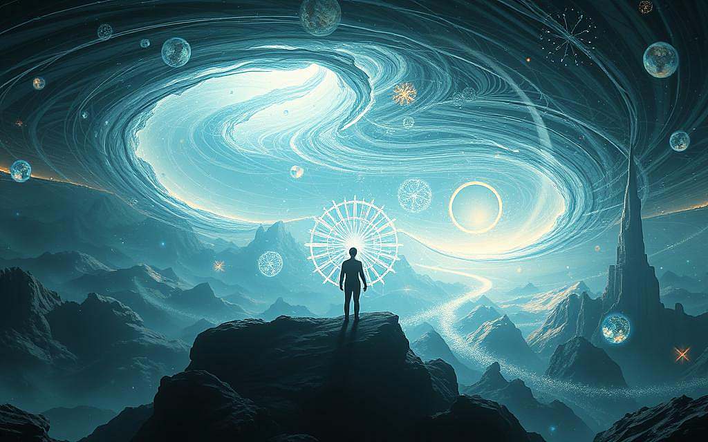 A vast, swirling multidimensional landscape of interconnected realities, where the self navigates a complex web of possibilities. In the foreground, a luminous figure, their consciousness radiating outward, exploring the boundaries of their own identity. Shimmering portals and shifting energy fields in the middle ground, hinting at the fluidity of time and space. In the background, a kaleidoscopic array of parallel worlds, each with its own unique vibration and potential. Dramatic lighting casts deep shadows, creating an atmosphere of introspection and self-discovery. Soft, ethereal tones blend seamlessly, conveying a sense of the transcendent and the sublime. This image embodies the evolution of self-awareness within a multifaceted and ever-expanding reality.