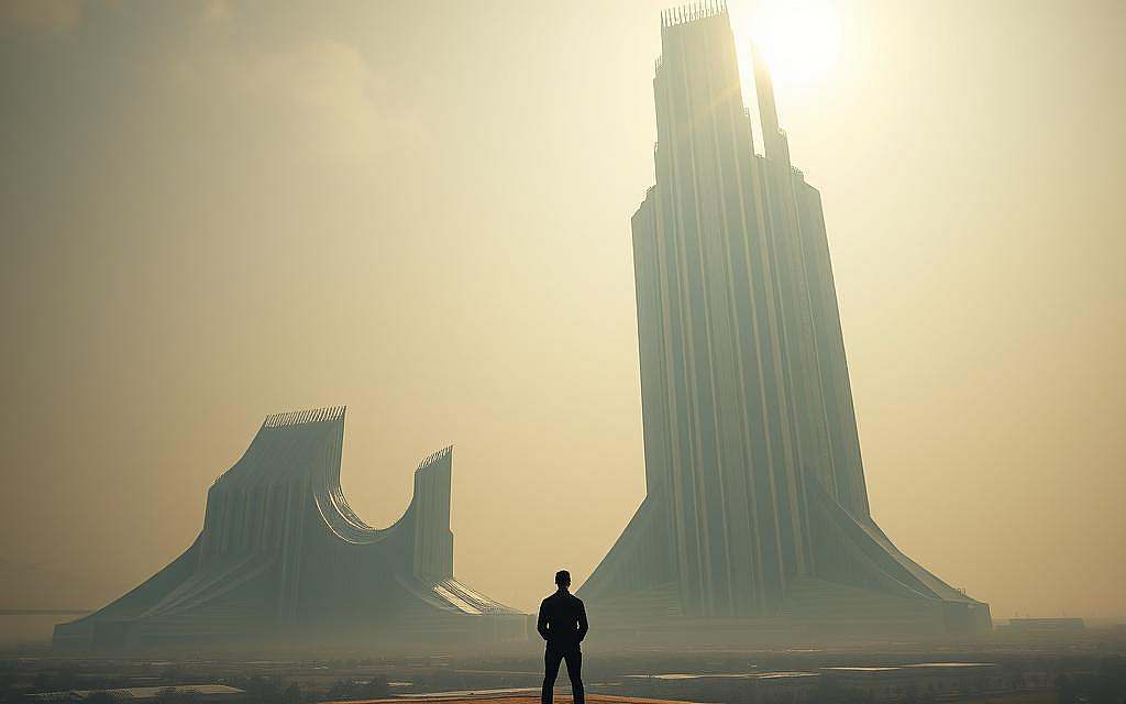 A vast, towering edifice of gleaming steel and glass, its architecture a symphony of rigid lines and angular forms. The structure looms over a sprawling landscape, a testament to the triumph of technological mastery. In the foreground, a figure stands alone, gazing up at the imposing structure, their face obscured by the glare of the sun. The sky is a hazy, metallic gray, casting an ominous, foreboding atmosphere. Beneath the surface, an intricate network of systems and algorithms hum with the rhythm of efficiency, orchestrating the movements of a society in the grip of a technokratic vision. The image evokes a sense of awe and unease, a glimpse into a future where the lines between human and machine have blurred, and the pursuit of AI-driven "efficiency" has become the driving force behind the shaping of our world.