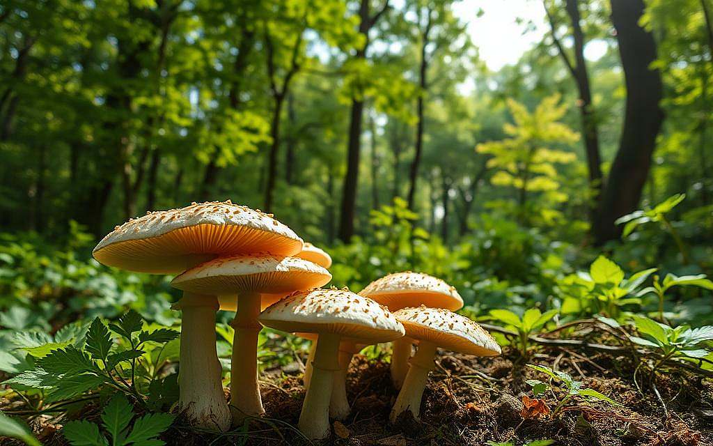A verdant forest glade, sunlight filtering through the canopy, illuminating a bountiful harvest of Agaricus blazei Murill mushrooms. Their caps, like delicate umbrellas, release spores that shimmer in the air. Intricate networks of mycelia spread beneath the soil, connecting the fungi to a thriving ecosystem. In the foreground, several mushrooms are showcased, their fleshy bodies brimming with nutrients and bioactive compounds. The scene evokes a sense of natural abundance and the profound health benefits of this remarkable fungus.