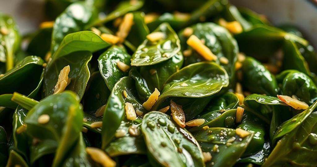 A vibrant and detailed close-up image of a plate of freshly sautéed spinach with garlic. The spinach leaves are a deep, rich green, glistening with olive oil and flecked with slivers of fragrant garlic. The lighting is warm and natural, casting a soft glow over the scene. The image is framed tightly, filling the frame with the textures and colors of the dish. The spinach appears tender yet still retaining a slight crunch, and the garlic slivers are golden brown, adding depth of flavor. The overall mood is one of simple, wholesome nourishment, highlighting the power and nutritional value of this humble green vegetable.