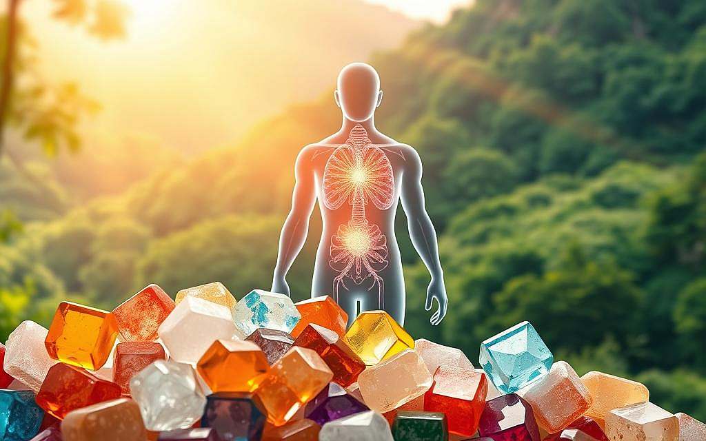 A vibrant and detailed illustration of Schüßler Salze and their role in strengthening the human immune system. In the foreground, a cluster of colorful mineral supplements in various shapes and sizes, emanating a soft glow. In the middle ground, a transparent human silhouette with a glowing, pulsing core, representing the immune system being nourished and empowered by the Schüßler Salts. The background depicts a serene, natural landscape with lush greenery and a warm, golden light, conveying a sense of balance, harmony, and vitality. The overall composition should evoke a feeling of natural healing, vibrant health, and the restorative power of these essential minerals.