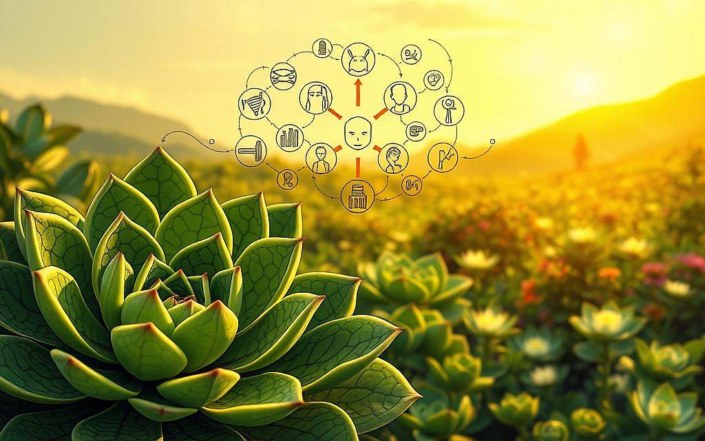 A vibrant and detailed illustration of the therapeutic applications of Lebenselixier 528, the medicinal euphorbia plant. In the foreground, a cluster of succulent, green euphorbia leaves with intricate patterns. In the middle ground, a series of hand-drawn icons representing various ailments - headaches, skin conditions, digestive issues - connected by a swirling energy field. In the background, a lush, otherworldly landscape with glowing, bioluminescent flora, suggesting the plant's powerful, restorative properties. Warm, golden lighting casts a natural, organic glow over the entire scene, conveying a sense of healing and vitality. The composition and technical details are designed to visually complement the article's section on the diverse therapeutic uses of this remarkable plant.