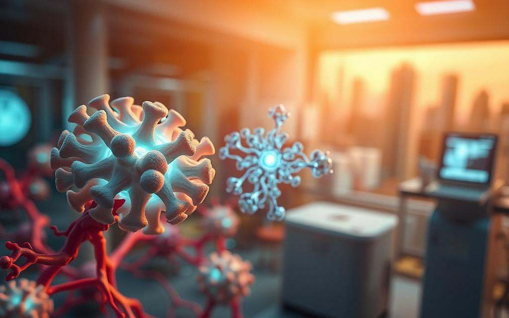 A vibrant and detailed scene depicting the future of skeletal and bone therapy. In the foreground, a cluster of pluripotent stem cells appears to be differentiating into various bone and cartilage cell types, glowing with an inner bioluminescent light. In the middle ground, a 3D-printed scaffold structure takes shape, intricately designed to mimic the natural extracellular matrix. Surrounding this, intricate blood vessel networks form, enabling the integration of the engineered tissue. In the background, a blurred cityscape suggests the clinical setting, with futuristic medical equipment visible. Diffuse, warm lighting casts a hopeful, scientific atmosphere, hinting at the transformative potential of these regenerative therapies.