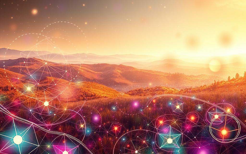 A vibrant and ethereal bioresonance field, pulsing with subtle energy waves and dynamic chromatic patterns. In the foreground, intricate geometric shapes and organic structures intertwine, creating a mesmerizing visual symphony. The middle ground features shimmering, translucent spheres that seem to float and undulate, hinting at the unseen forces that govern the natural world. In the background, a rich, abstract landscape unfolds, painted in a spectrum of soothing earth tones and complemented by softly glowing accents. The entire scene is bathed in a warm, diffused light that lends an almost transcendent quality, evoking a sense of the interconnectedness between the physical and the metaphysical realms.