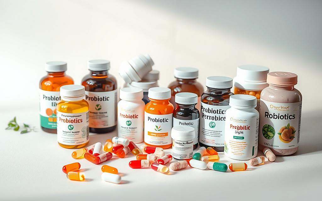 A vibrant assortment of probiotic supplements, neatly arranged on a clean, minimalist background. The bottles and capsules are rendered in high detail, showcasing their various colors, shapes, and labels. The lighting is soft and diffused, creating a warm, natural ambiance. The composition is balanced, with the probiotics taking center stage, hinting at their potential health benefits. The overall mood is one of purity, simplicity, and the promise of wellness. A sense of harmony and tranquility pervades the scene, inviting the viewer to consider the role of probiotics in a holistic, natural approach to health and healing.