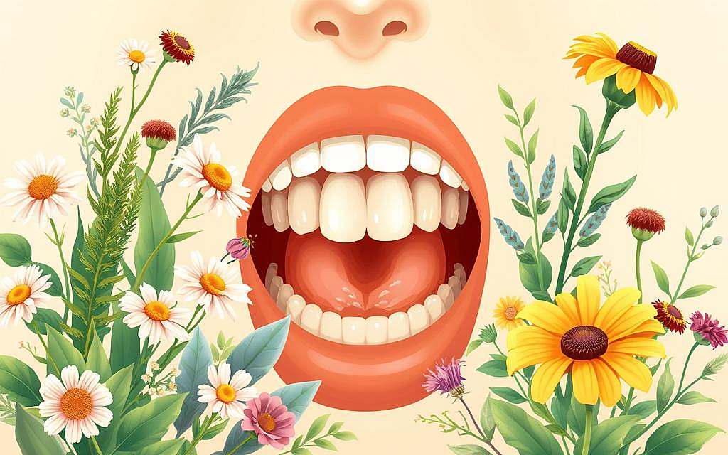 A vibrant, botanically-inspired illustration showcasing plant-based ingredients that promote oral health. In the foreground, a lush assortment of medicinal herbs and flowers - chamomile, echinacea, sage, and calendula - artfully arranged against a soft, diffused background. The middle ground features a stylized human mouth, with teeth and gums subtly revealed, hinting at the synergistic relationship between these natural ingredients and overall dental wellness. The lighting is warm and inviting, evoking a sense of natural harmony. The composition is balanced and visually compelling, capturing the essence of holistic oral care through the lens of phytotherapy.