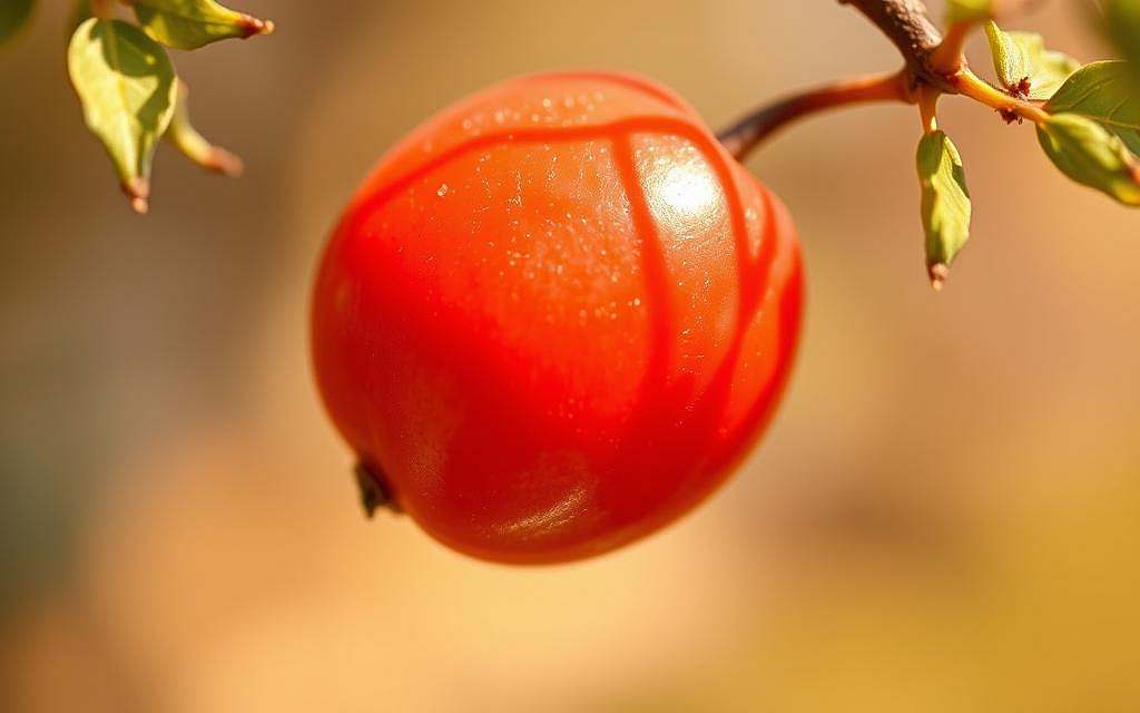 A vibrant, close-up photograph of a freshly harvested hagebutte (rose hip) against a soft, blurred background. The hagebutte is in sharp focus, showcasing its rich, reddish-orange hue and distinctive, plump oval shape. Delicate, wispy leaves frame the fruit, adding a touch of natural elegance. The lighting is warm and gentle, casting subtle shadows that highlight the fruit's intricate texture and contours. The overall composition emphasizes the hagebutte's visual appeal and nutritional value as a regional superfood, rich in vitamins C, A, and E.