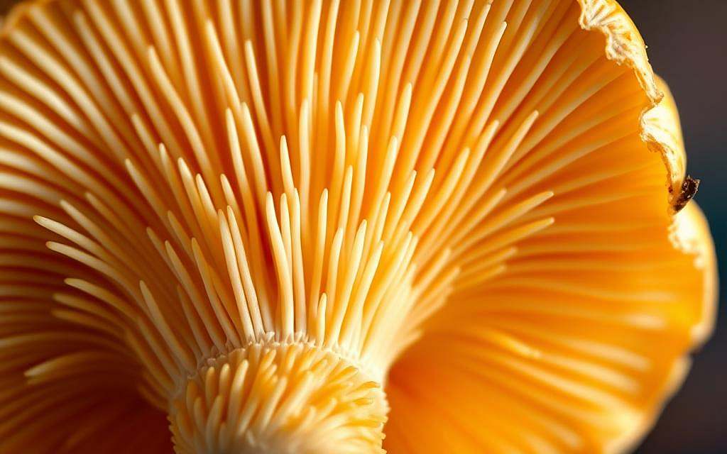 A vibrant, close-up photograph of the Agaricus blazei Murill mushroom, commonly known as the "almond mushroom" or "Royal Sun Agaricus". The mushroom's fleshy, golden-brown cap and delicate, pale gills are illuminated by soft, diffused lighting, revealing its intricate, natural textures and structures. The image is captured at a high resolution, with a shallow depth of field that gently blurs the background, allowing the mushroom to take center stage. The composition emphasizes the mushroom's medicinal properties, particularly its potential applications in cancer therapy, conveying a sense of scientific inquiry and hope. The overall mood is one of reverence, curiosity, and a deep appreciation for the complexities of the natural world.