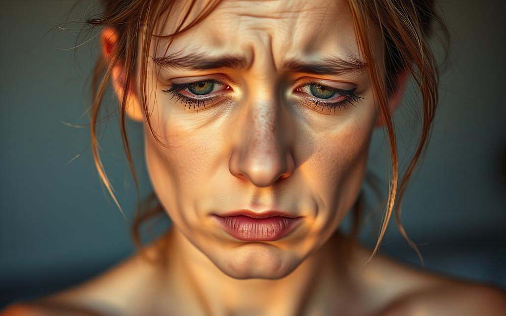 A vibrant, close-up portrait of a person displaying classic symptoms of iron deficiency anemia. The subject's complexion is pale and sallow, with dark circles under their weary eyes. Their hair appears dry and brittle. The lighting is soft and diffused, casting a warm, natural glow that accentuates the fatigue and listlessness evident in the subject's facial expression. The background is blurred, keeping the focus squarely on the person's face and upper torso. The overall mood is one of subtle distress, inviting the viewer to empathize with the physical and mental strain of iron deficiency.