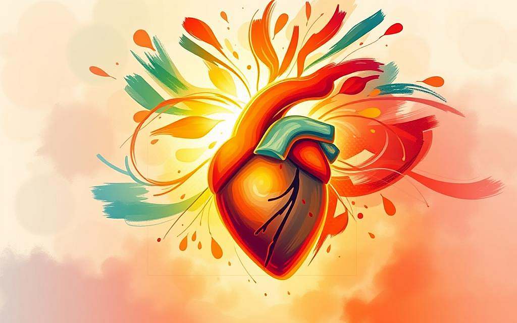 A vibrant, colorful illustration depicting the intricate connection between emotions and heart health. In the foreground, a stylized human heart pulsates with warm, radiant energy, surrounded by swirling, expressive brushstrokes in a range of hues, from soothing blues and greens to passionate reds and oranges. The middle ground features a serene, minimalist background, allowing the heart and its emotional aura to take center stage. Warm, diffused lighting casts a soft, ethereal glow, creating a sense of balance and harmony. The overall composition conveys the delicate, yet profound, influence of our emotional well-being on the health and function of this vital organ.
