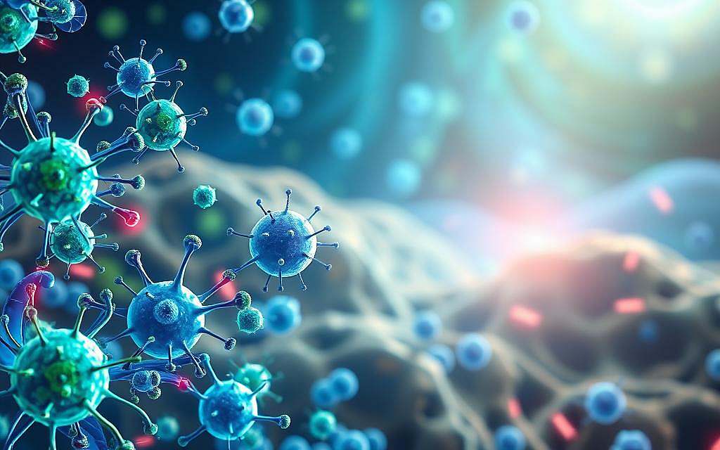 A vibrant, detailed illustration of the human immune system being strengthened through targeted interventions. In the foreground, glowing blue and green cells representing the innate and adaptive immune responses, surrounded by a network of cytokines and other signaling molecules. In the middle ground, specialized immune cells like T cells and natural killer cells engaging with tumor cells, disrupting their growth. The background depicts a cellular landscape, with mitochondria providing the energy to power these life-preserving processes. Soft, diffuse lighting illuminates the scene, conveying a sense of harmony and balance restored. Rendered in a clean, scientific style that highlights the intricate, microscopic interactions at play.