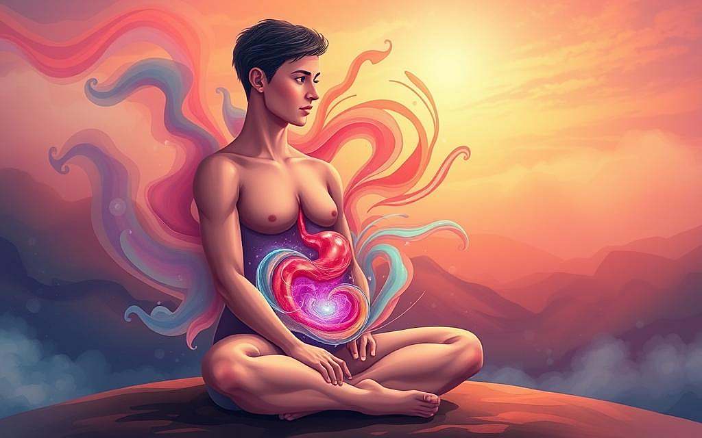 A vibrant, emotive illustration depicting the psychological dimension of the stomach. In the foreground, a human figure sits cross-legged, their expression pensive and introspective. Swirling, colorful energy emanates from their midsection, representing the deep connection between the stomach and emotions. The middle ground features organic, flowing shapes and textures, evoking the complexity of the gut-brain axis. In the background, a dreamlike landscape unfolds, hinting at the broader, holistic nature of the stomach's role in our inner world. Warm, soft lighting casts a soothing, therapeutic atmosphere. Rendered with a harmonious blend of realism and surrealism to capture the nuanced relationship between the physical and psychological aspects of the stomach.