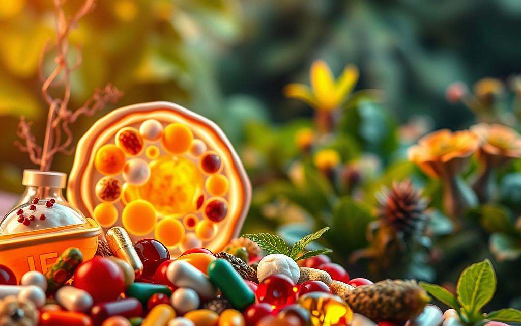 A vibrant, high-resolution image depicting the concept of "Vitalstoffversorgung" (vital substance supply) to support cellular health and function. In the foreground, an array of brightly colored, organically-shaped supplements and superfoods - vitamins, minerals, antioxidants, and other phytonutrients - are arranged in a visually appealing display. The middle ground shows a cross-section of a healthy human cell, with its various organelles and processes highlighted to convey the importance of proper nutritional support. The background features a soft, blurred landscape of lush greenery and natural elements, evoking a sense of vitality and wholeness. The lighting is warm and natural, creating a soothing, wellness-oriented atmosphere. Captured with a wide-angle lens to emphasize the interconnectedness of the various elements.