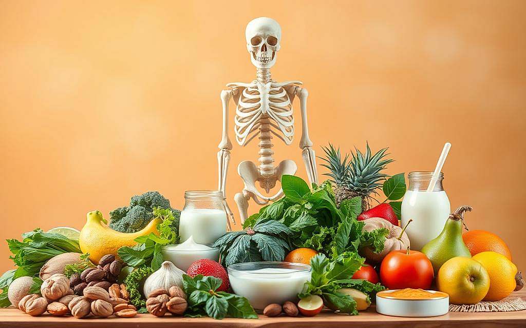 A vibrant, high-resolution image showcasing the importance of nutrition for strong, healthy bones. In the foreground, an array of nutritious foods - leafy greens, dairy products, nuts, and fruits - are artfully arranged, highlighting their essential role in bone health. In the middle ground, a skeletal structure stands in an elegant, anatomical pose, its intricate details rendered with precision. The background features a warm, earthy tone, conveying a sense of natural, balanced wellness. The lighting is soft and diffused, creating a serene, inviting atmosphere. Captured with a wide-angle lens, the composition emphasizes the harmonious relationship between diet and bone health.