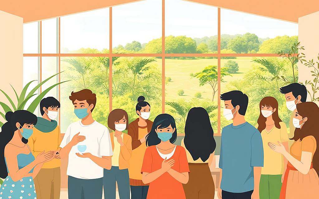 A vibrant illustration depicting lifestyle measures for infection prevention. In the foreground, a diverse group of people practicing healthy habits - washing hands, wearing masks, maintaining social distancing. The middle ground showcases a clean, well-ventilated indoor space with natural light filtering through large windows. In the background, a lush, verdant landscape symbolizing the importance of connecting with nature. The scene conveys a sense of collective responsibility, personal wellness, and environmental harmony. Warm, muted tones create a calming, optimistic atmosphere. Detailed, photorealistic rendering with a wide-angle lens captures the holistic approach to infection control.