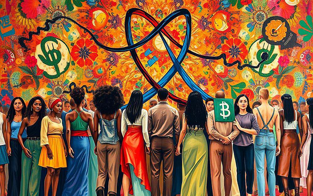 A vibrant, intersectional tapestry depicting the interconnected struggles for justice and equality. In the foreground, a diverse group of people stand united, their hands linked in solidarity. Rendered in bold, expressive brushstrokes, they represent the rich diversity of gender, race, and class. In the middle ground, the intertwining threads of feminism, anti-racism, and Marxism converge, symbolizing the powerful synergy of these progressive movements. The background is a kaleidoscope of colors and patterns, reflecting the complexity and dynamism of the intersectional experience. The overall composition is illuminated by warm, diffused lighting, conveying a sense of hope, empowerment, and a shared vision for a more inclusive, egalitarian society.