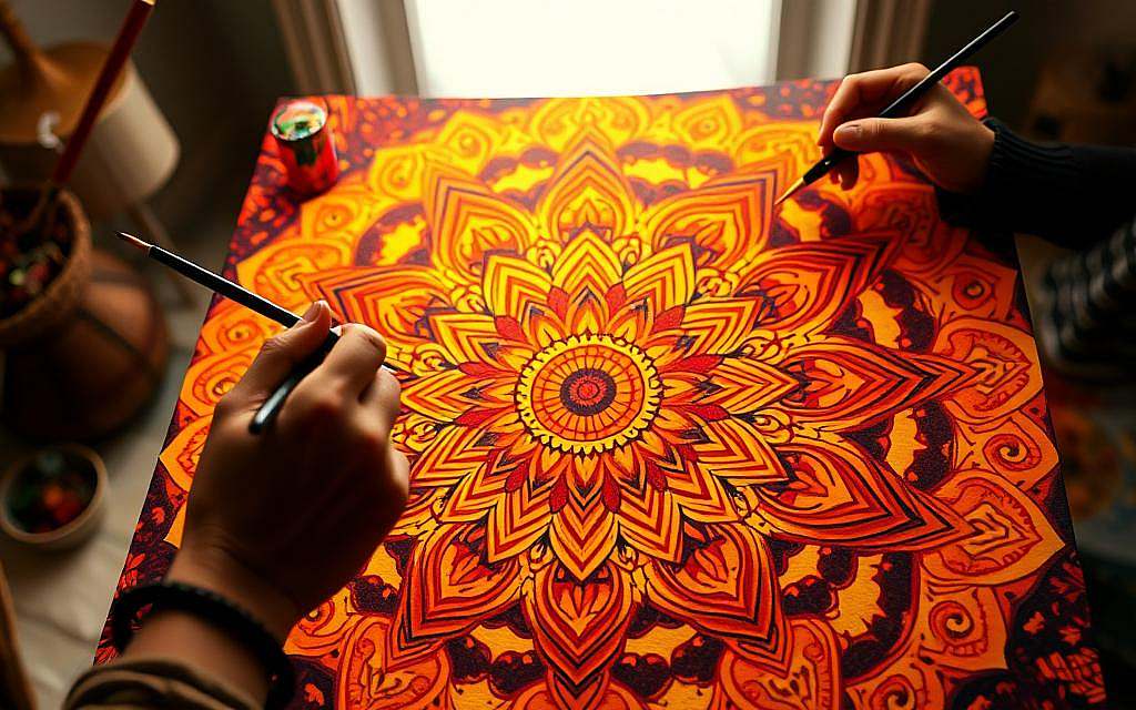 A vibrant, intricately detailed mandala painting, bursting with vivid hues and geometric patterns. The foreground features a large, symmetrical mandala design in the center, filled with intricate, overlapping circles, triangles, and other abstract shapes in a spectrum of warm colors - oranges, reds, yellows. The middle ground shows the mandala being carefully painted by an artist's hands, using a variety of fine brushes and calligraphic strokes. The background depicts a serene, contemplative environment, with soft, diffused lighting and a sense of inner focus and mindfulness. The overall atmosphere evokes a sense of creativity, self-expression, and a connection to the divine.