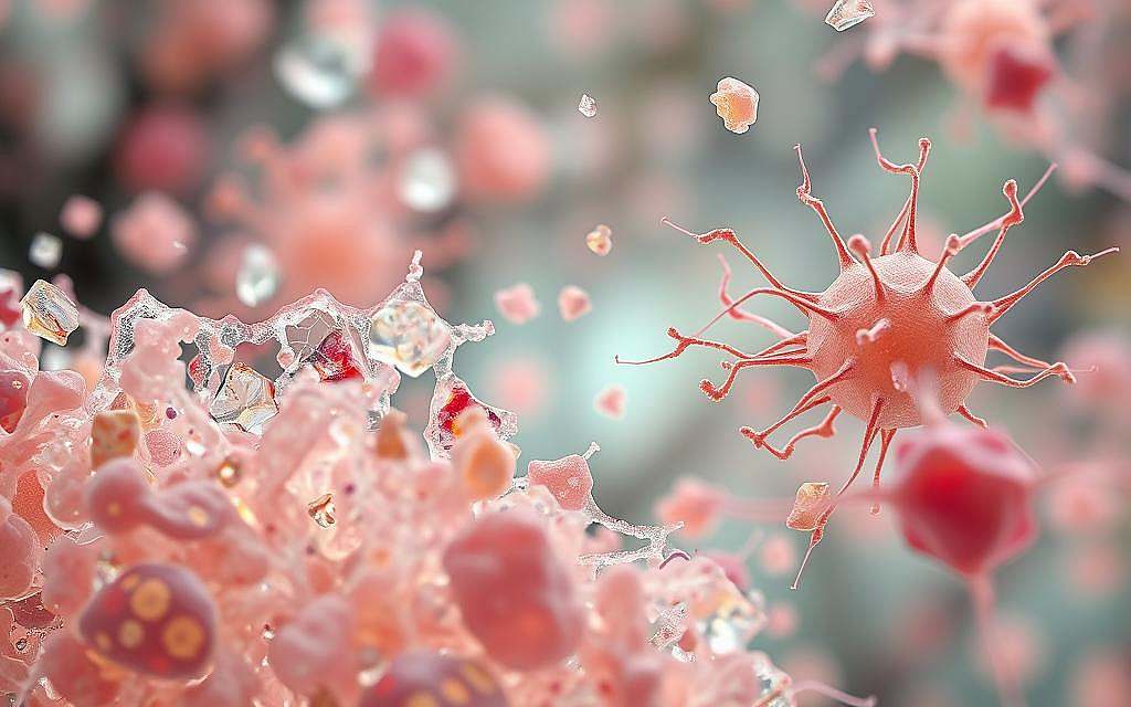 A vibrant microscopic scene depicting cellular fragments and structures, representing the concept of "Viren sind Zellbruchstücke". The foreground showcases a diverse array of irregular, translucent shapes in muted hues, suggesting the disintegrated components of cells. The middle ground features intricate, web-like patterns and amorphous forms, hinting at the complex interactions and relationships within this microscopic world. The background is slightly blurred, creating a sense of depth and emphasizing the focal point of the cellular debris. The lighting is soft and diffuse, casting a delicate, almost ethereal quality over the entire composition. The overall mood is one of scientific curiosity and a deeper understanding of the nature of cellular structures and their fragmentation.