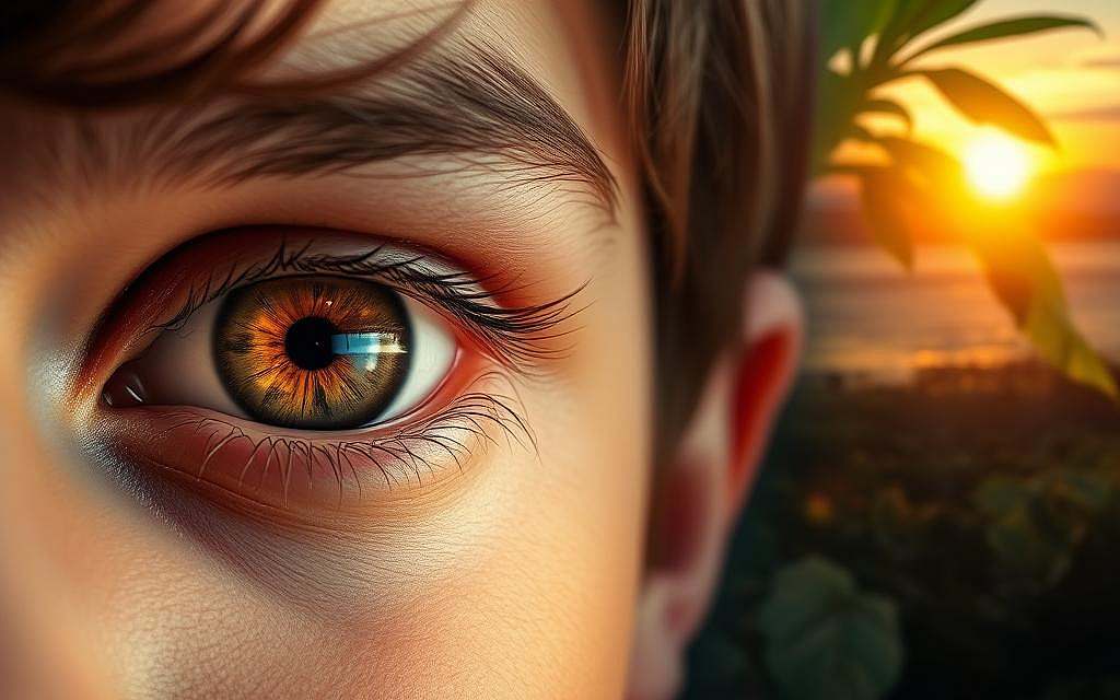 A vibrant, photorealistic image showcasing the interplay between environmental factors and eye color. In the foreground, a close-up portrait of a person's face, their eyes capturing the viewer's attention. The iris displays a striking blend of hues, from deep brown to flecks of gold, hinting at the complex genetic and environmental influences at play. In the background, a collage of natural elements - sunlight filtering through lush foliage, the shimmer of water, and the warm glow of a sunset - subtly suggesting how these environmental factors can shape and alter the appearance of the eyes over time. The lighting is soft and diffused, creating a sense of depth and atmosphere that enhances the subject's features. The overall composition conveys a sense of wonder and curiosity, inviting the viewer to explore the intricate relationship between the human body and the natural world. Prompt