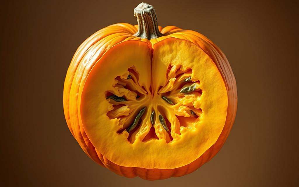 A vibrant pumpkin, its warm orange hue glistening under a soft, natural light. The sturdy, ridged exterior gives way to a cross-section, revealing the intricate patterns of its bright yellow flesh and deep green seeds. Suspended in the frame, the pumpkin appears to float, allowing the viewer to appreciate its rich, nutritional bounty. The background is a muted, earthy tone, complementing the autumnal tones of the subject. Captured with a wide-angle lens, the image emphasizes the pumpkin's abundance and the bountiful harvest it represents. This composition conveys the essence of the pumpkin as a nutritious, seasonal delight.