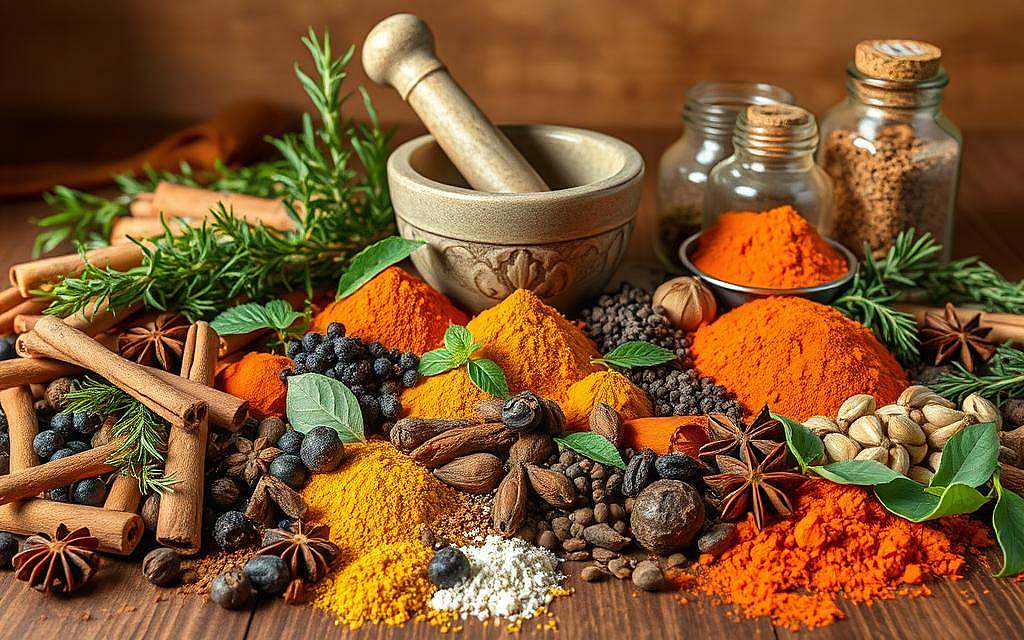 A vibrant, richly detailed still life arrangement showcasing a diverse array of aromatic spices and herbs, meticulously arranged on a rustic wooden surface. The foreground features an array of whole and ground spices, such as turmeric, cinnamon sticks, black peppercorns, star anise, and cardamom pods, complemented by fresh sprigs of rosemary, thyme, and other leafy greens. The middle ground highlights a mortar and pestle, casting soft shadows, along with antique apothecary-style glass jars containing powdered spices. The background subtly fades into a warm, earthy-toned backdrop, suggesting the natural, wholesome essence of these potent ingredients and their potential health benefits. Soft, diffused lighting illuminates the scene, emphasizing the texture, color, and interplay of the spices and botanicals. An overall sense of balance, harmony, and the inherent medicinal qualities of these culinary wonders is evoked.